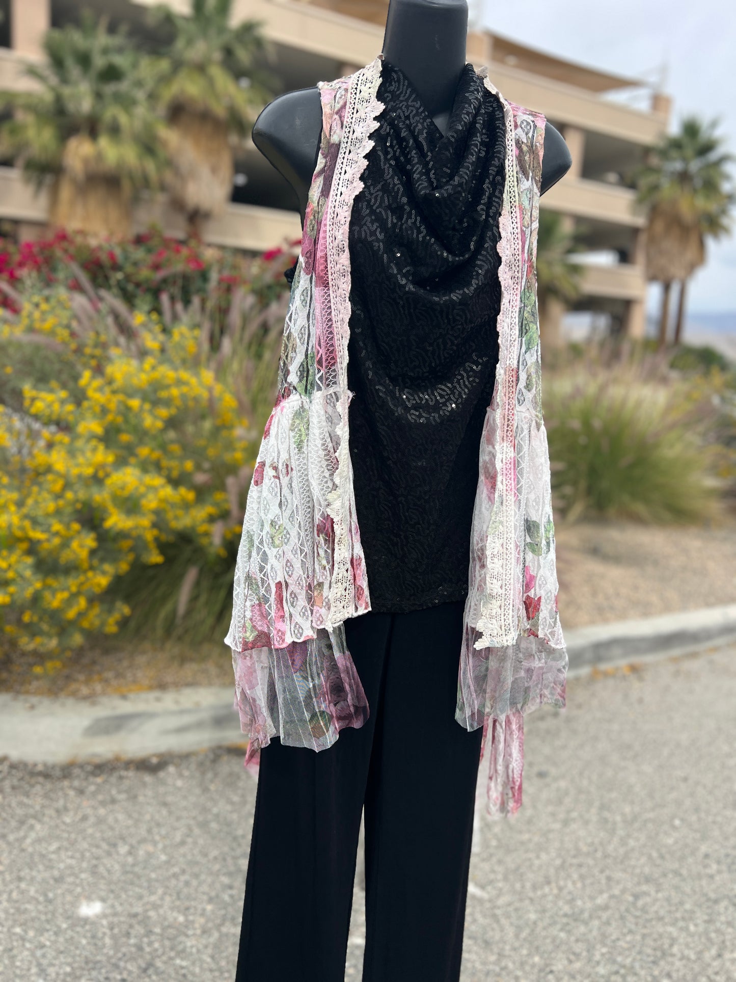 Origami, pink burgundy, lace, flowers, size medium, sleepless, long vest ￼