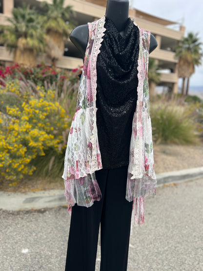 Origami, pink burgundy, lace, flowers, size medium, sleepless, long vest ￼