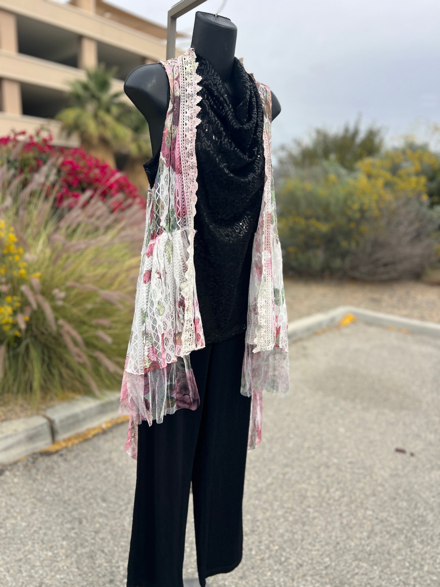 Origami, pink burgundy, lace, flowers, size medium, sleepless, long vest ￼