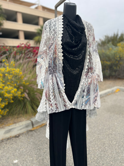 Origami women’s lace, multicolor, bell sleeve medium size long vest cover￼