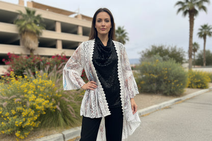 Origami women’s lace, multicolor, bell sleeve medium size long vest cover￼
