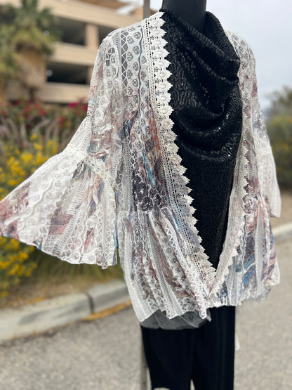 Origami women’s lace, multicolor, bell sleeve medium size long vest cover￼