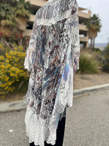 Origami women’s lace, multicolor, bell sleeve medium size long vest cover￼