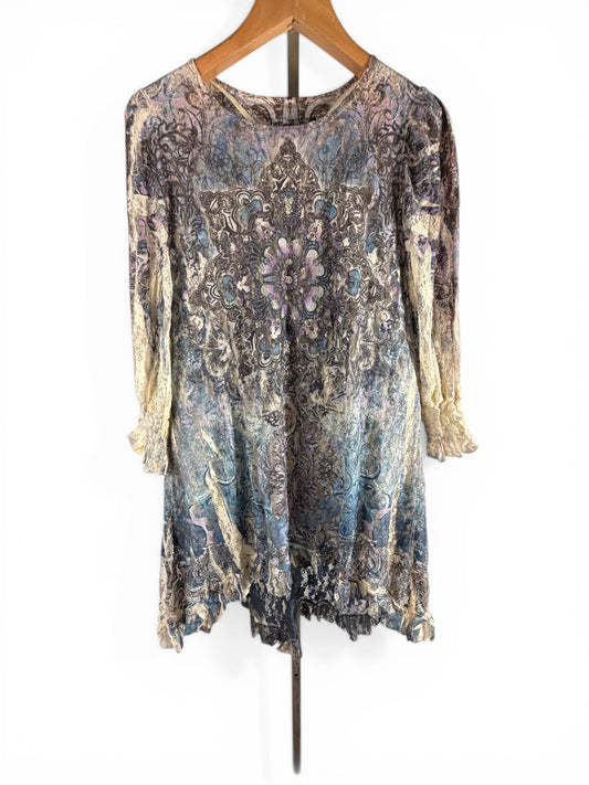 Origami BoHo Lace overlay Women dress sheer printed tunic size small, new