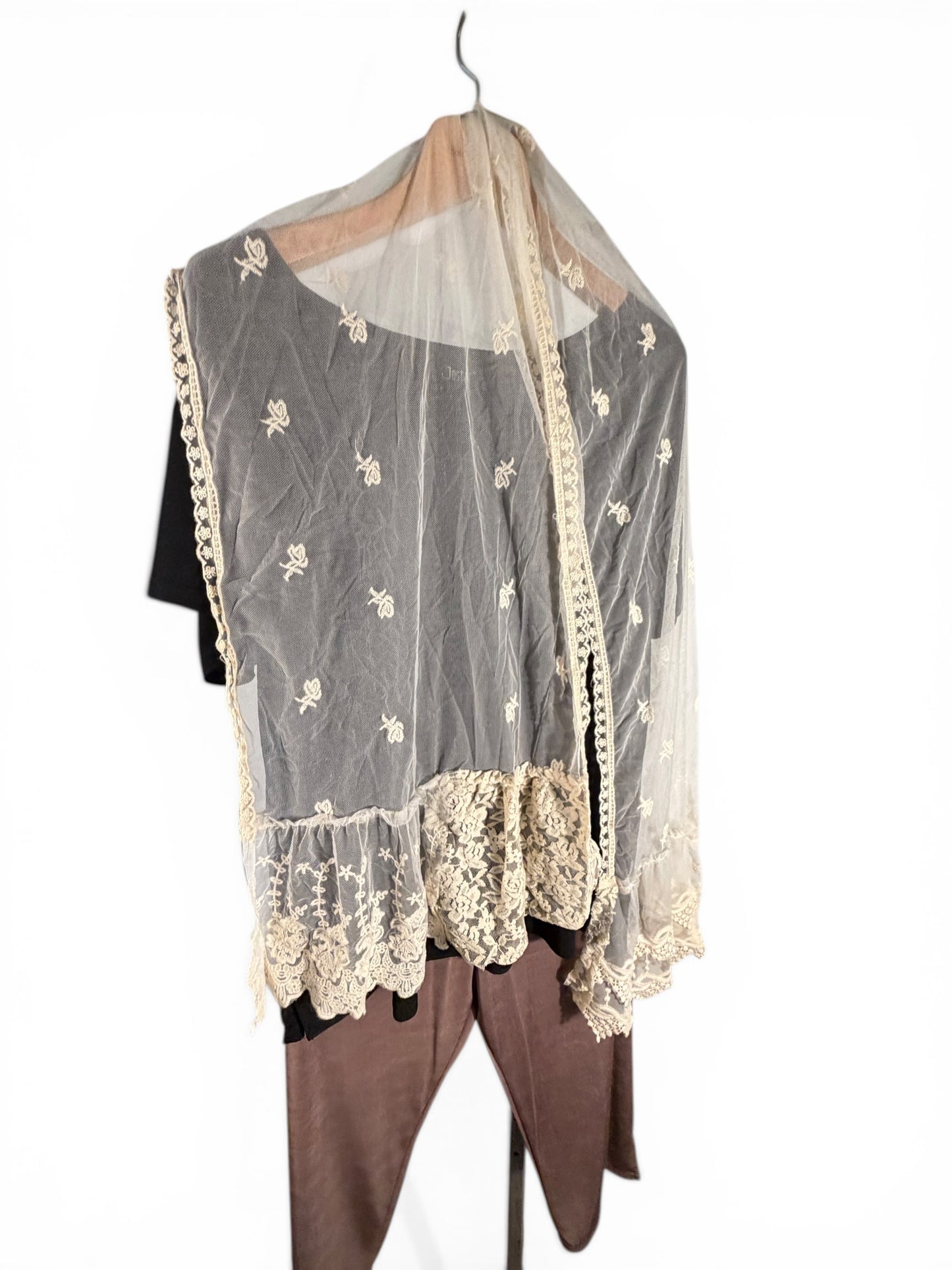 Origami, sheer scarf, ivory embroidered Boho wrap, Shawl