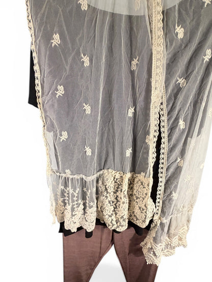 Origami, sheer scarf, ivory embroidered Boho wrap, Shawl