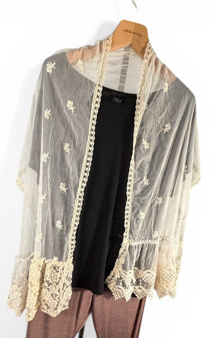 Origami, sheer scarf, ivory embroidered Boho wrap, Shawl