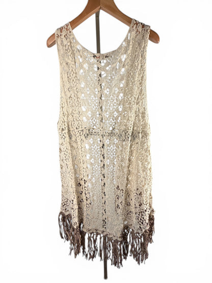 Origami BoHo, crochet fringe vest ivory sleeveless open front duster size XL