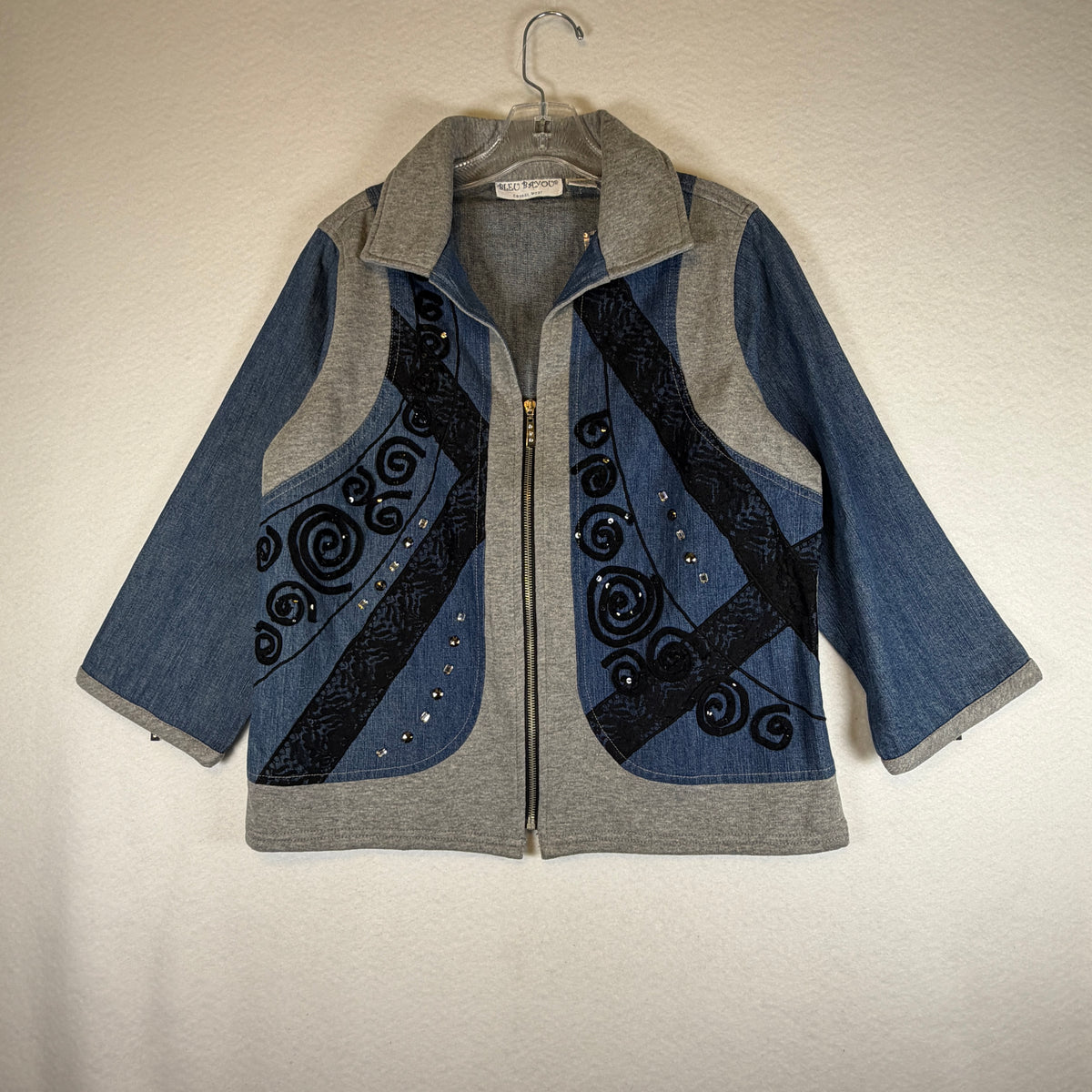 Bleu Bayou blue denim and gray embellished zip-front jacket