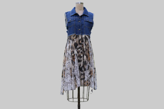 Origami Sleeveless Denim Vest S/M w/sheered lace animal print skirt NWOT