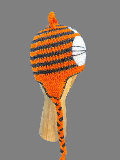 Tiger Face Striped Knitted Beanie Adult Size