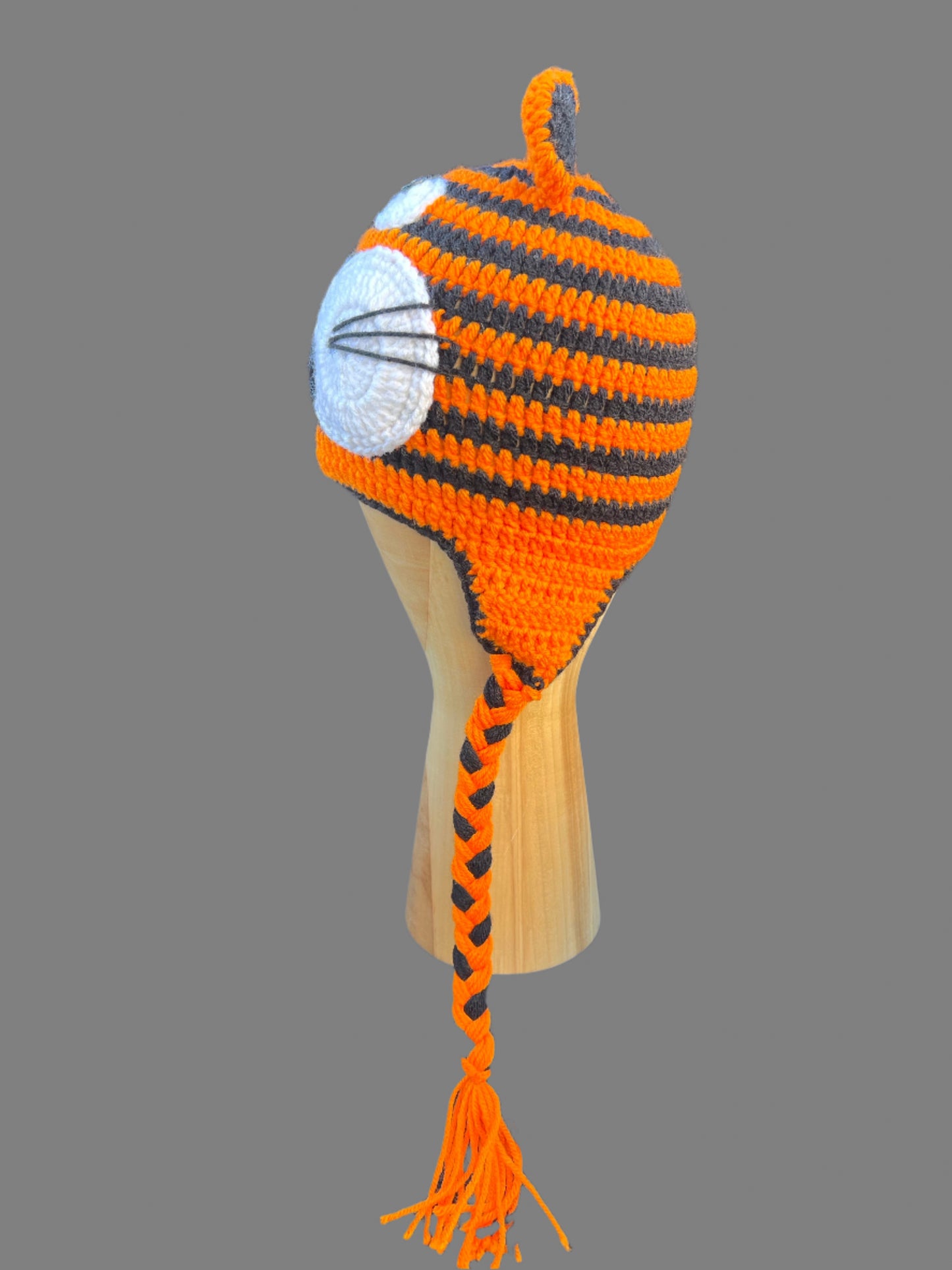 Tiger Face Striped Knitted Beanie Adult Size