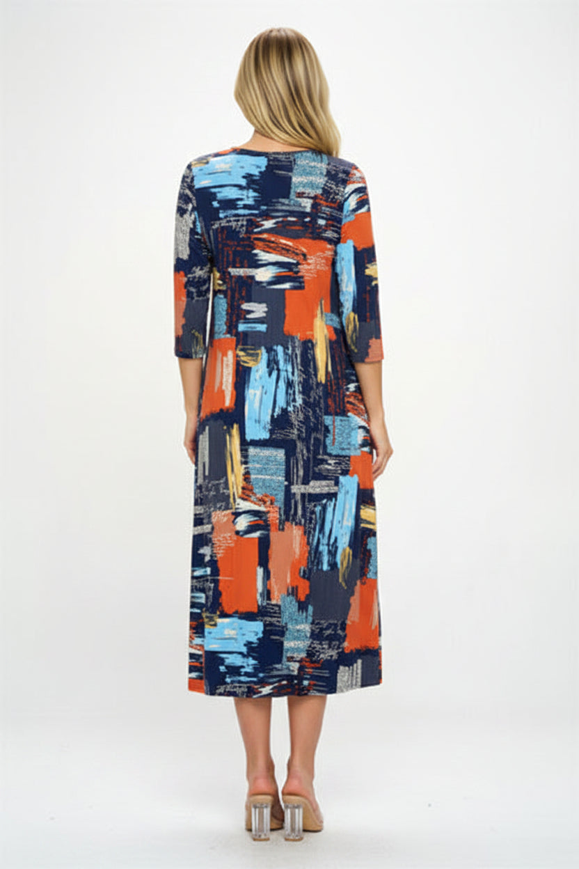 Jostar V-Neck Long Dress w/Pocket Quarter Sleeve Print