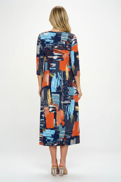 Jostar V-Neck Long Dress w/Pocket Quarter Sleeve Print