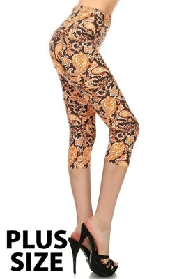 Capri Leggings - Plus Size - Black/Gold Paisley