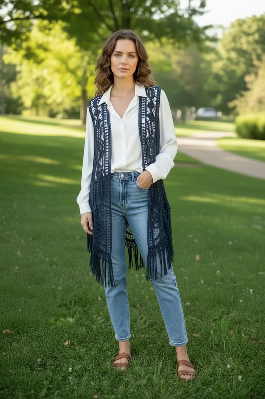 Origami blueweaved frayed Vest sz Medium