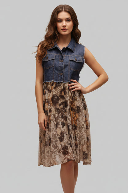 Origami Sleeveless Denim Vest S/M w/Sheered Lace Animal Print Skirt NWOT