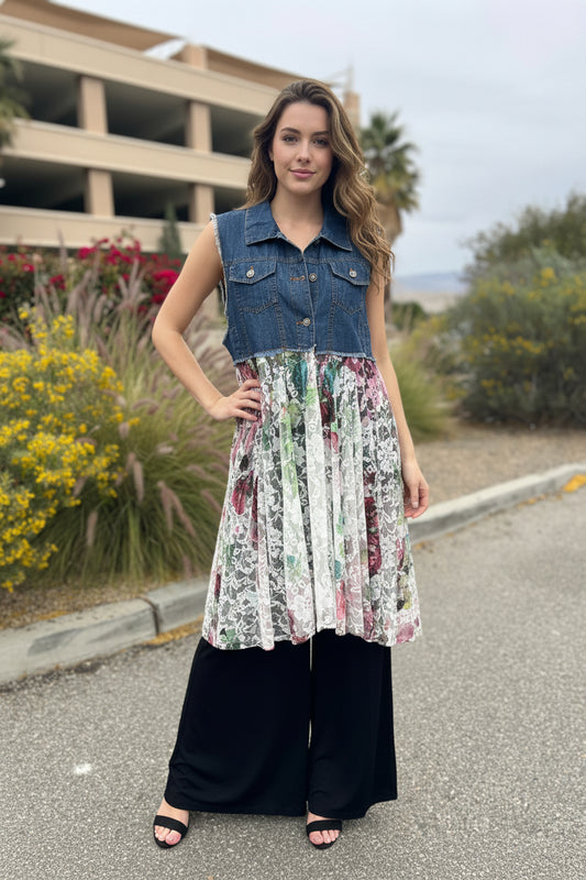 Origami Jeans vest w Lace sleeveless sz S/M