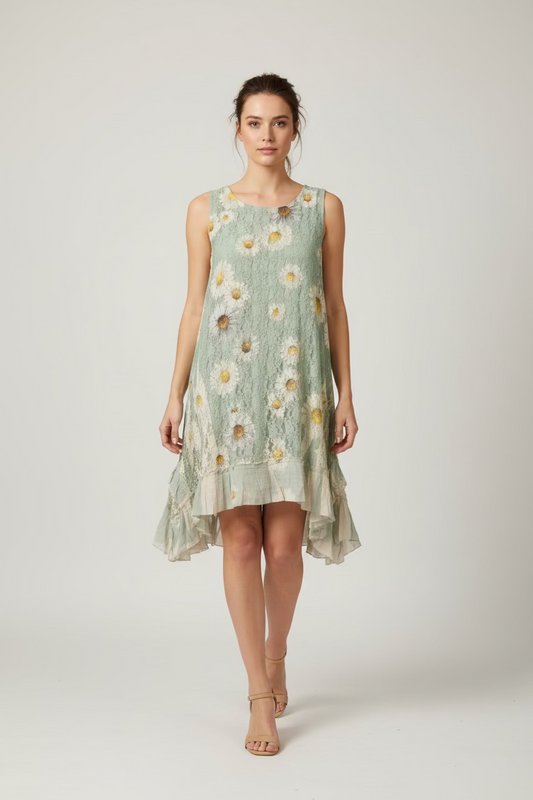 Origami Lace Sunflower Green Sleeveless XL Dress