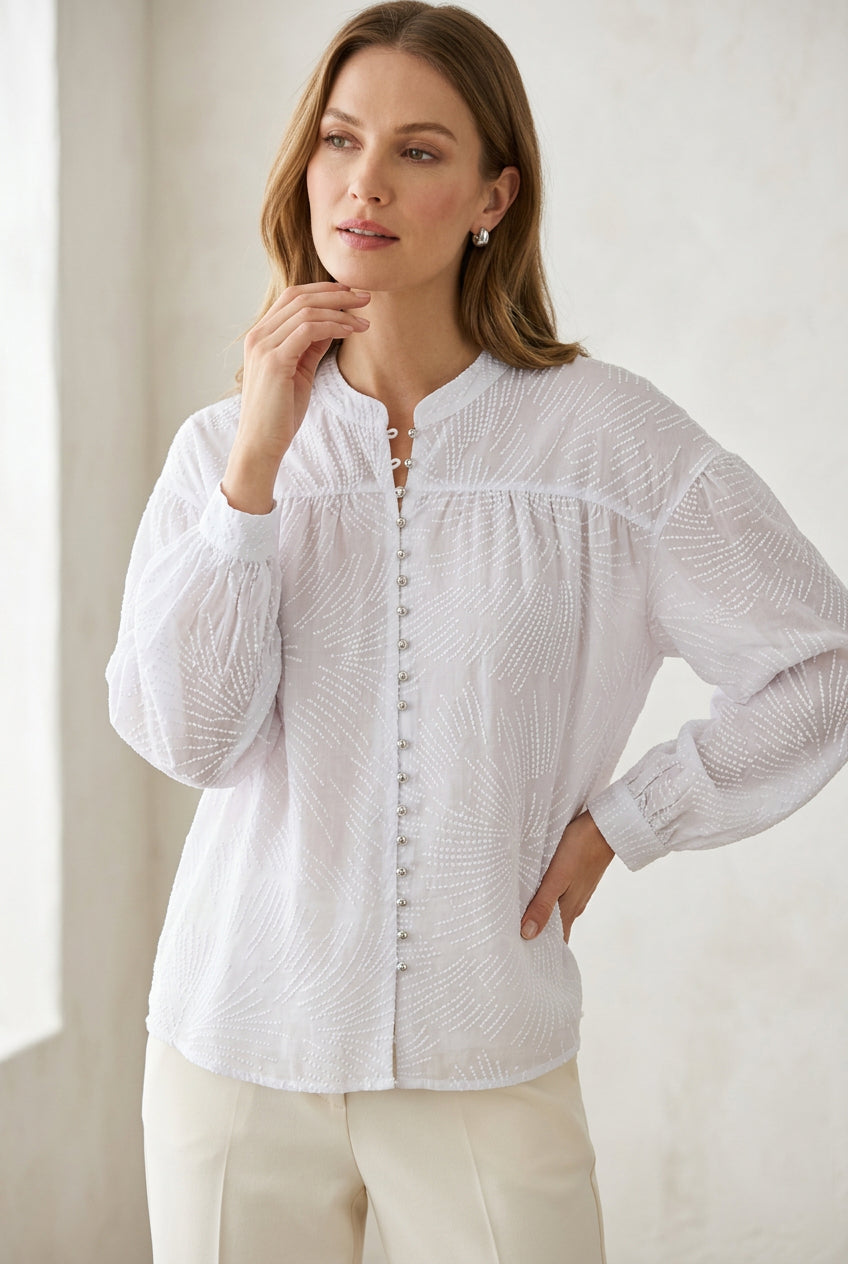 Front of Soft Surroundings Oleada white embroidered button-front blouse