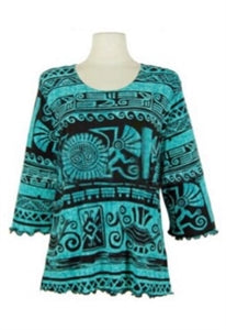 Jostar 3/4 sleeve top with lettuce finish - teal aztec - polyester/spandex