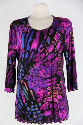 Jostar 3/4 sleeve top with lettuce finish - blue/purple print - polyester/spandex