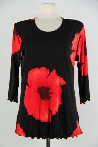 Jostar 3/4 sleeve Top with Lettuce Finish Big Red Flower - Polyester/Spandex