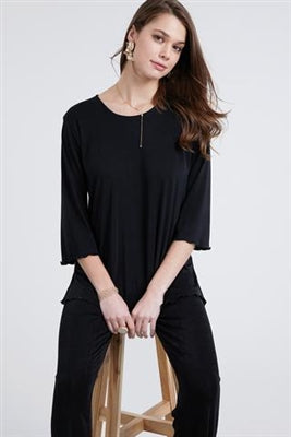 Jostar 3/4 Sleeve Top with Lettuce Finish - Black - Polyester/Spandex