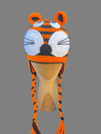 Tiger Face Striped Knitted Beanie Adult Size