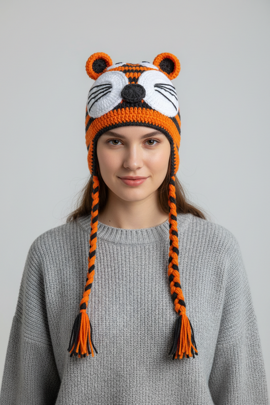 Tiger Face Striped Knitted Beanie Adult Size