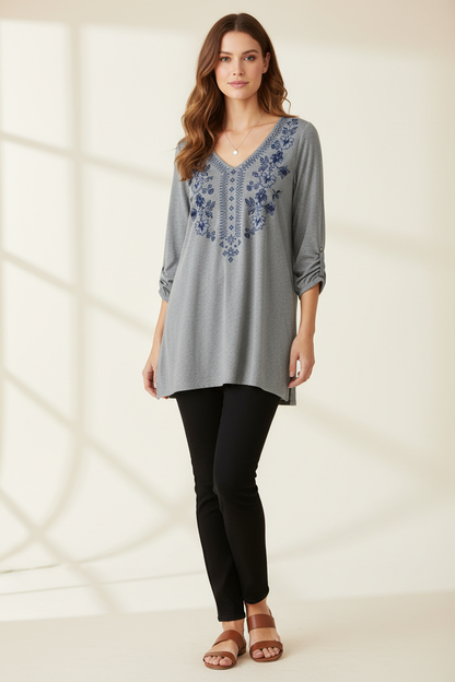 Model wearing Pure Jill Floral Embroidered V-Neck Tunic in heather gray