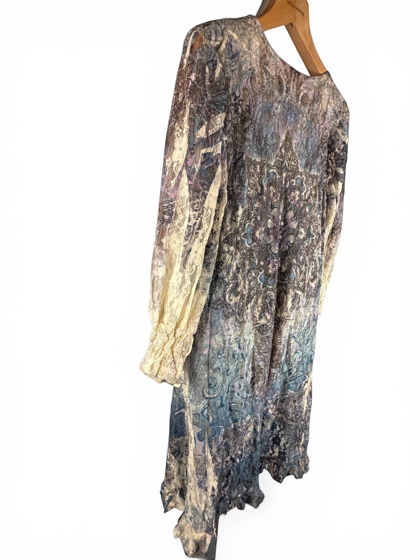 Leah Litty Lew The Boutique boho dress featuring a sheer printed overlay, lace trim sleeves, and muted blue tones.