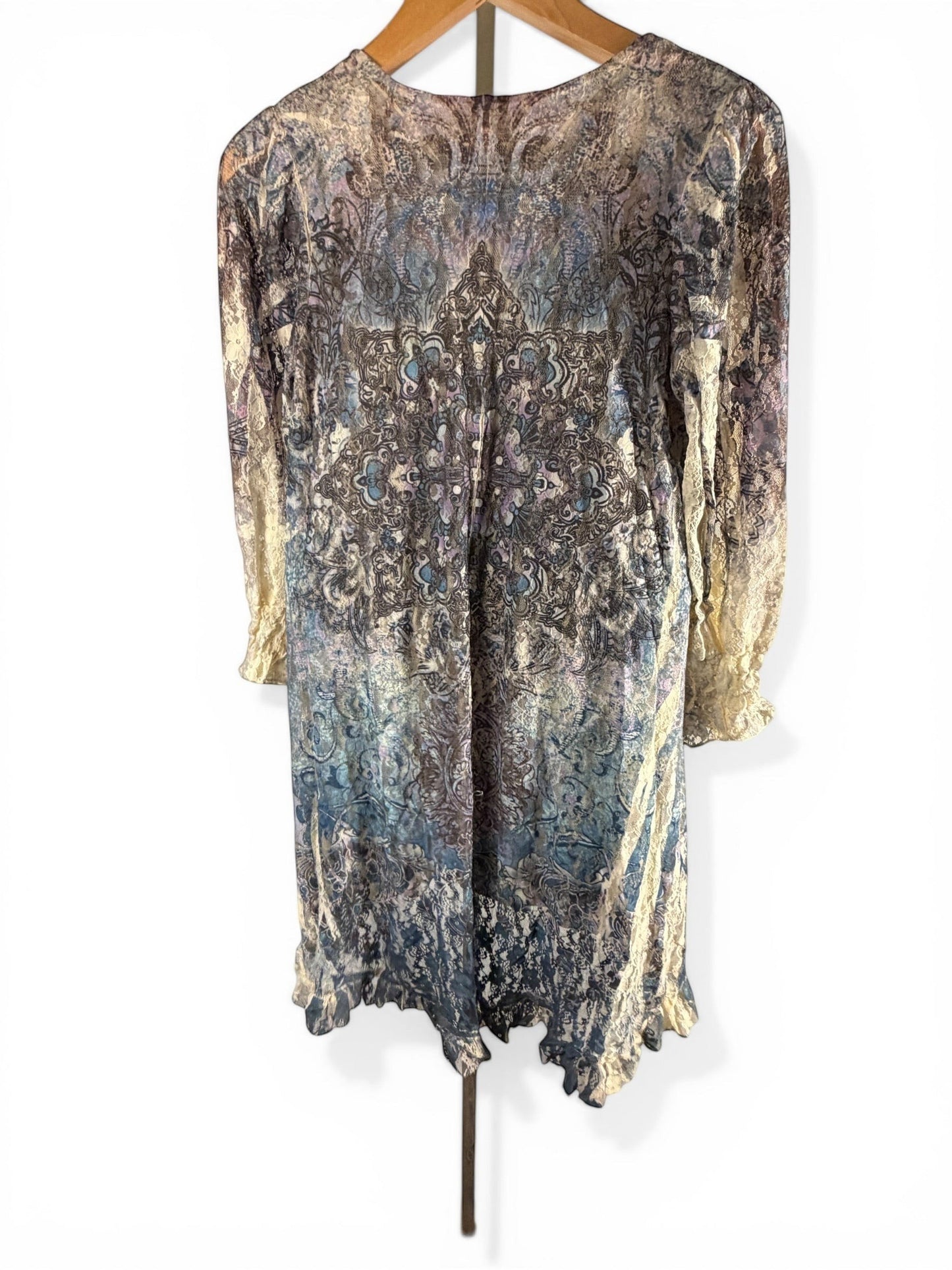 Leah Litty Lew The Boutique boho lace overlay tunic dress in muted blue, taupe, and ivory with 3/4 sleeves.