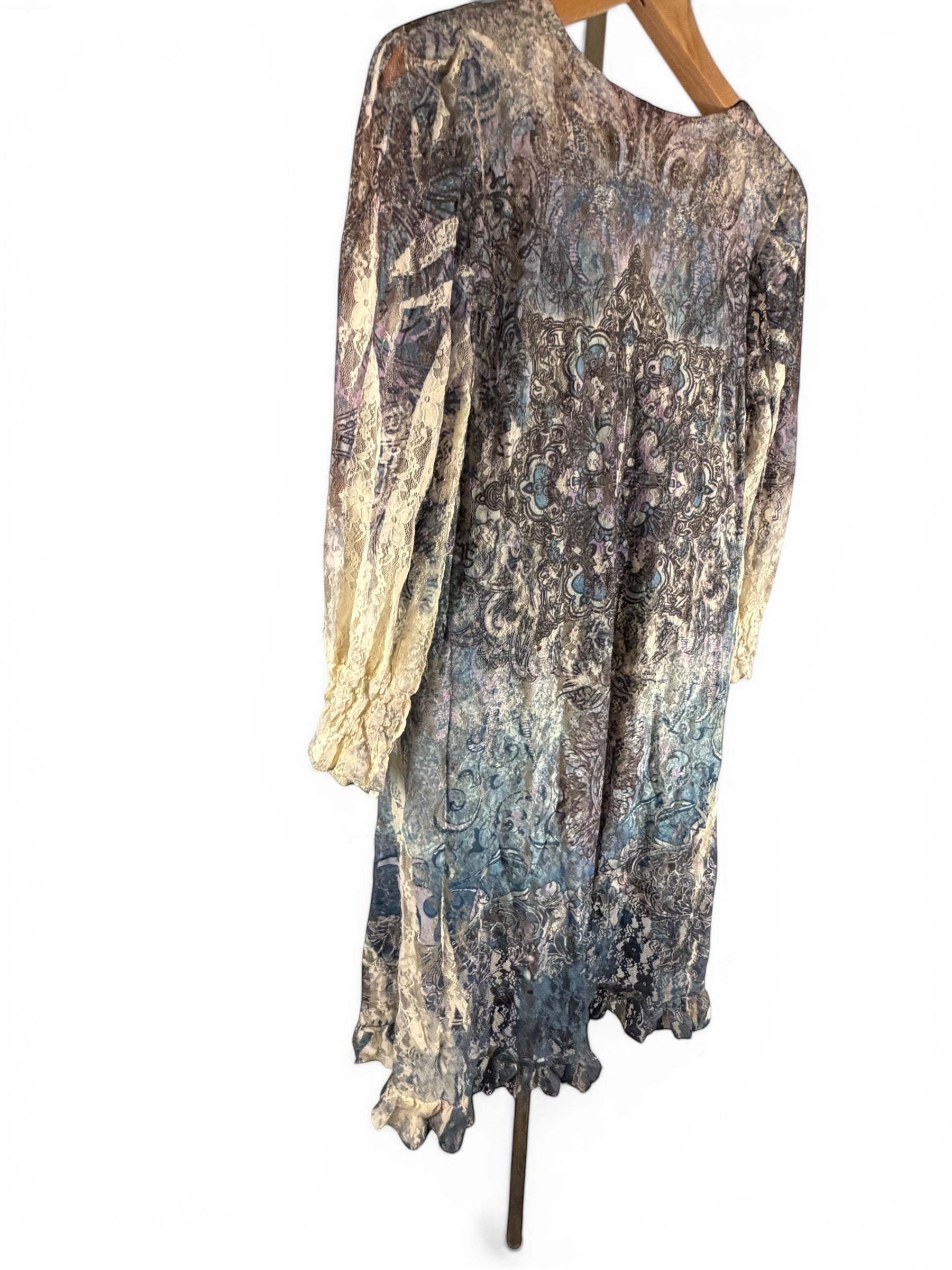 Leah Litty Lew The Boutique boho tunic dress with sheer lace overlay, 3/4 sleeves, and muted blue and taupe print.