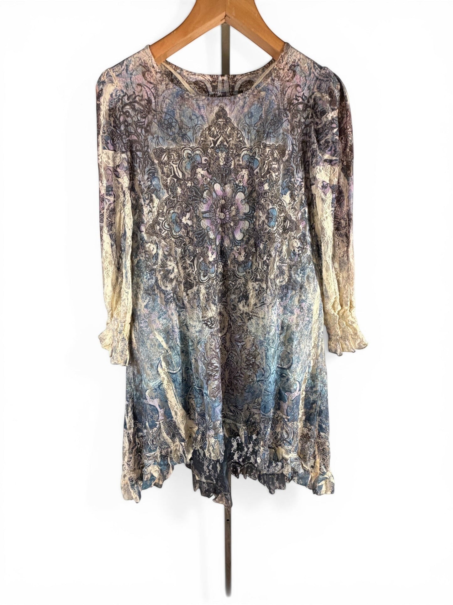 Leah Litty Lew The Boutique boho tunic dress featuring a sheer lace overlay with a muted blue and ivory floral print.