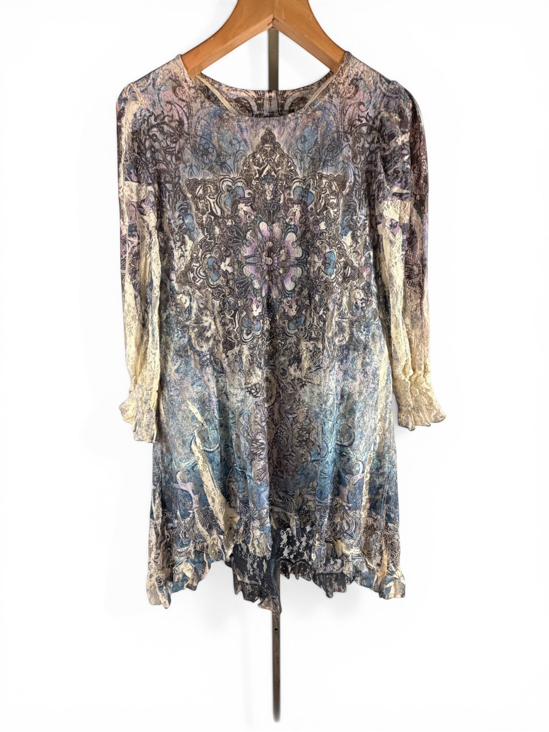 Leah Litty Lew The Boutique boho tunic dress featuring a sheer lace overlay with a muted blue and ivory floral print.