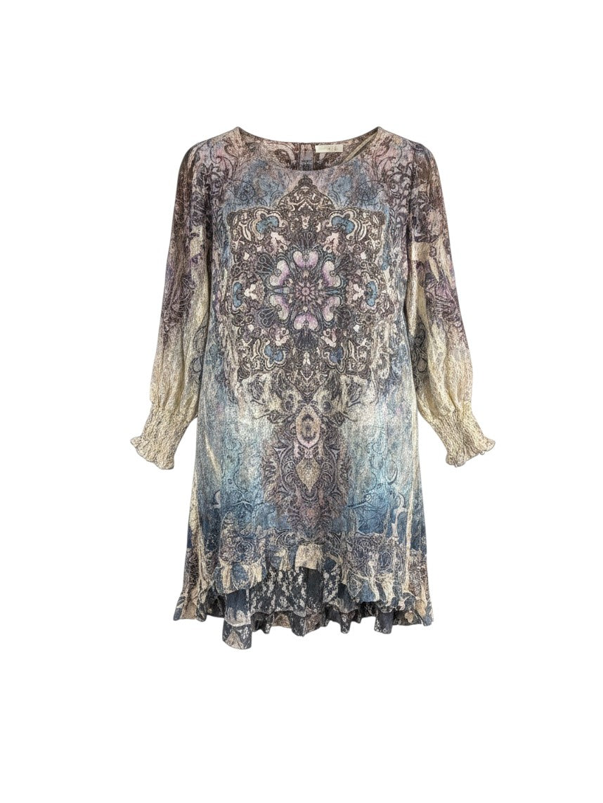 Leah Litty Lew The Boutique boho tunic dress featuring a sheer lace overlay, intricate blue and taupe print, and 3/4 sleeves