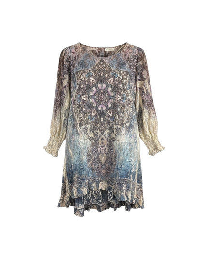 Leah Litty Lew The Boutique boho tunic dress featuring a sheer lace overlay, intricate blue and taupe print, and 3/4 sleeves