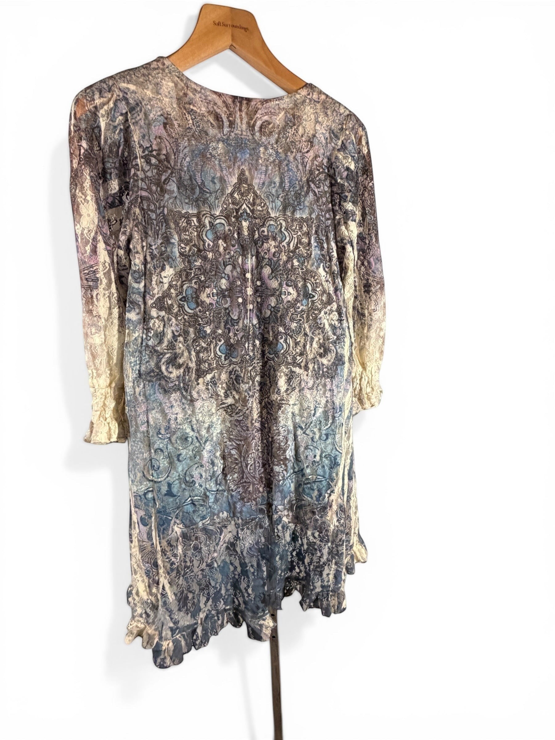 Leah Litty Lew The Boutique boho tunic dress featuring a blue and taupe vintage print with sheer lace overlay details.