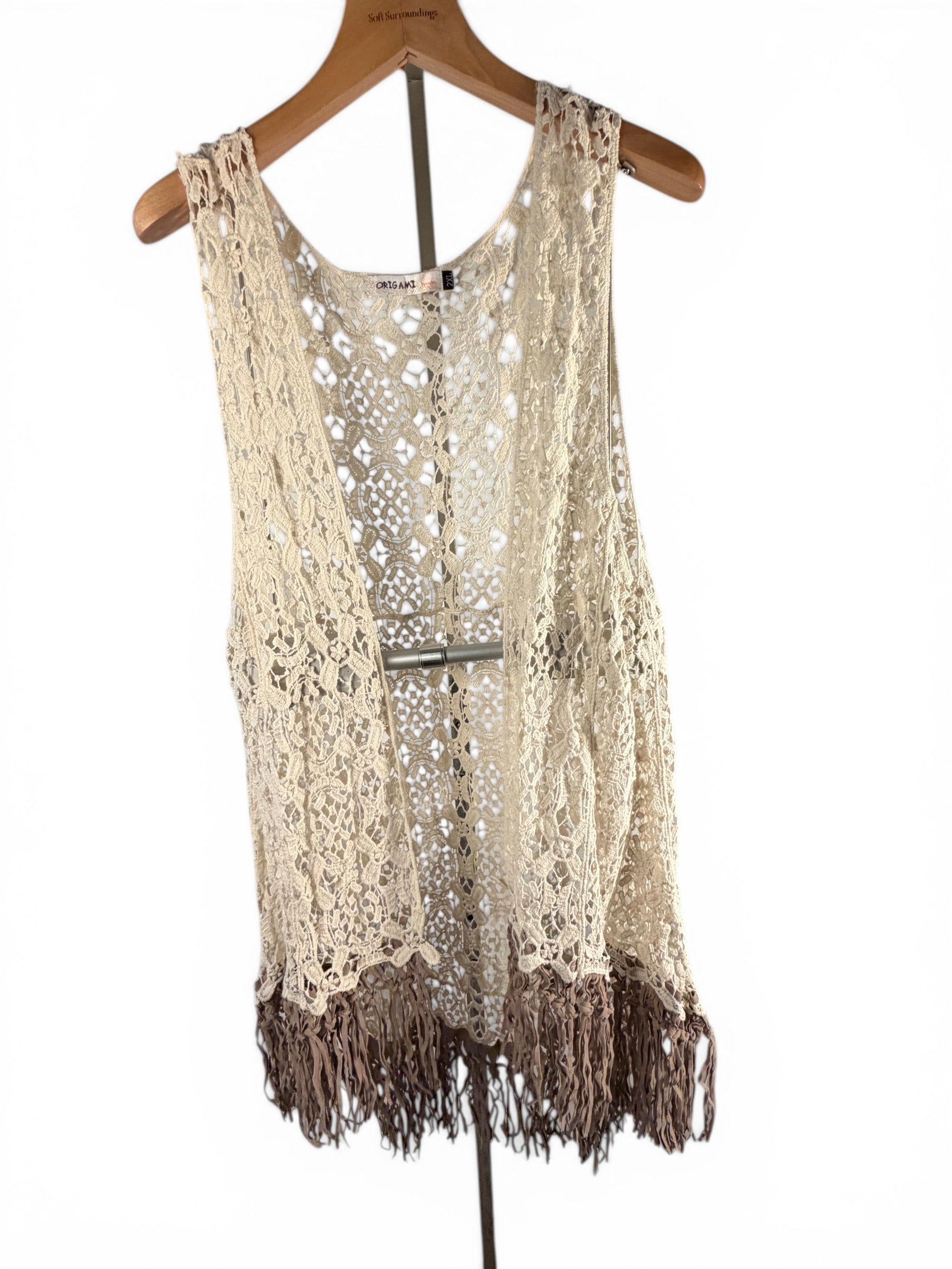 Leah Litty Lew The Boutique ivory crochet lace sleeveless vest with fringe trim and open front design