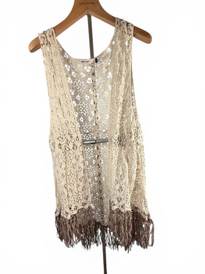 Leah Litty Lew The Boutique ivory crochet lace sleeveless vest with fringe trim and open front design