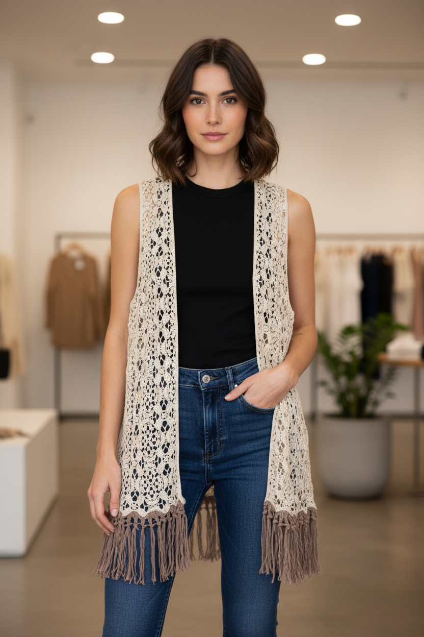 Origami Ivory Crochet Lace Fringe Vest — Boho Festival StyleNWOT