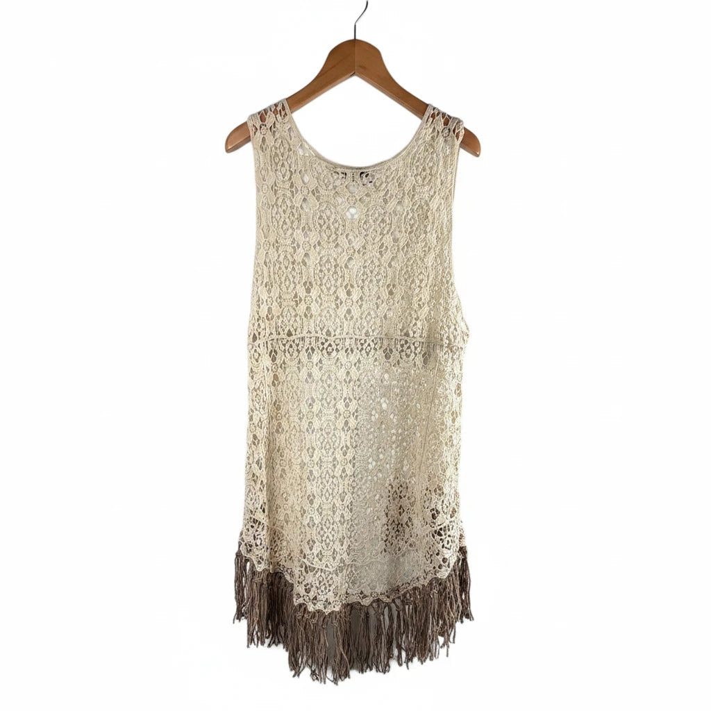 Leah Litty Lew The Boutique ivory crochet lace vest with fringe trim and sleeveless open-front design