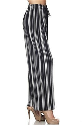 Leah Litty Lew The Boutique black and white vertical striped wide leg trousers with an elastic drawstring waist.