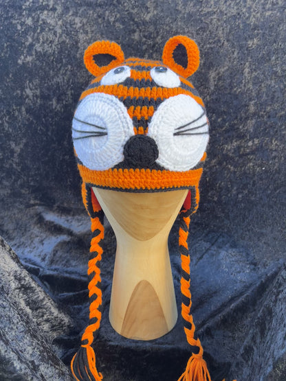 Tiger Face Striped Knitted Beanie Adult Size